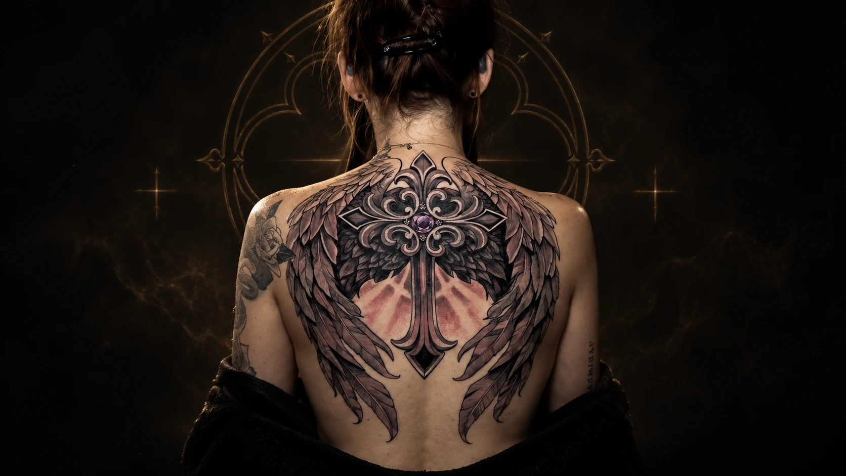 Winged ornamental cross tattoo across a back