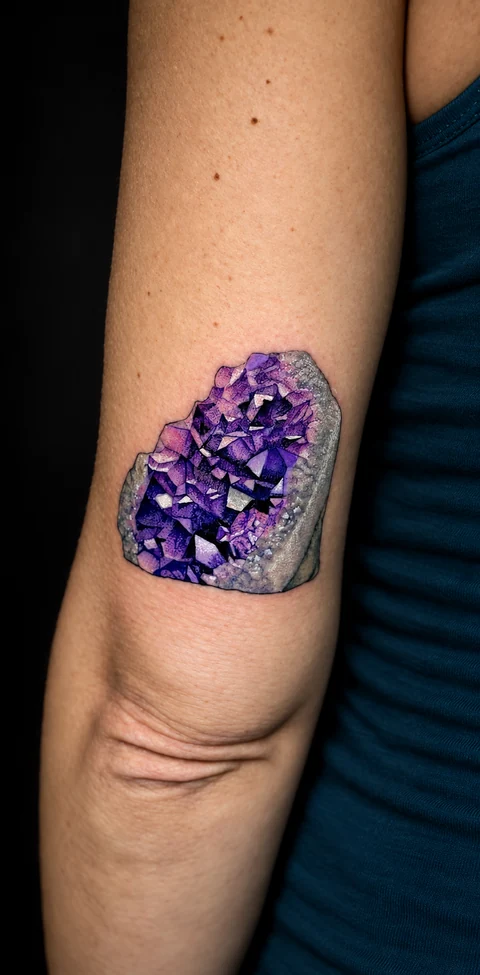 Purple amethyst crystal tattoo above an elbow