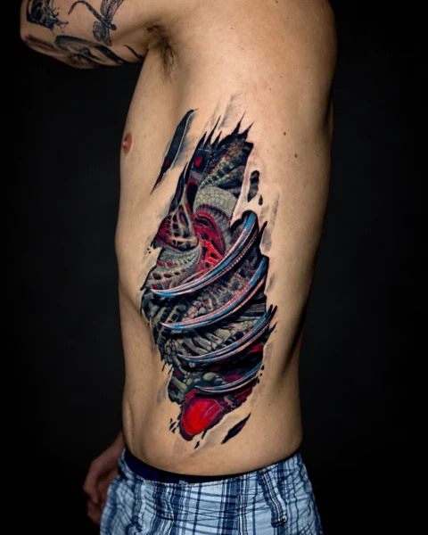Biomechanical rib and heart tattoo along the torso