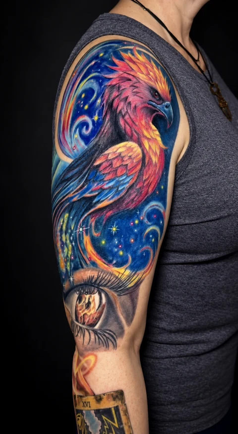 Colorful phoenix and cosmic sleeve tattoo