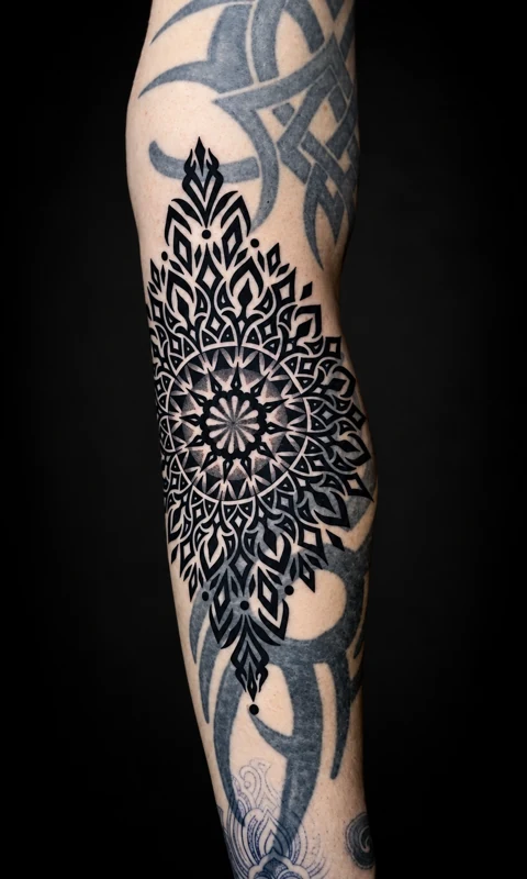 Black geometric mandala tattoo around an elbow