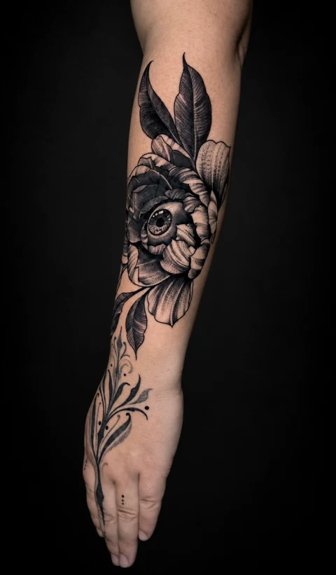 Black and gray flower with an eye at its center on a forearm