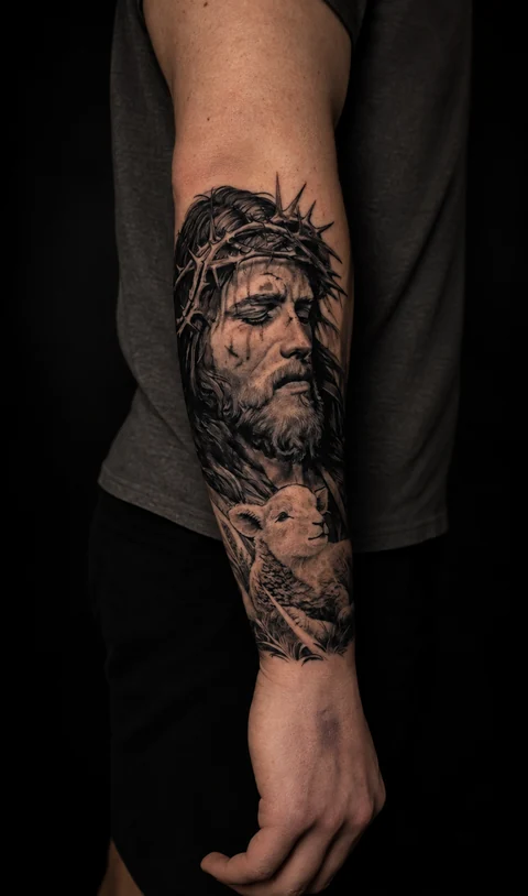 Black and gray Jesus and lamb portrait on a forearm