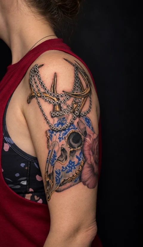 Deer skull with blue floral ornament, pearls and antlers on an upper arm