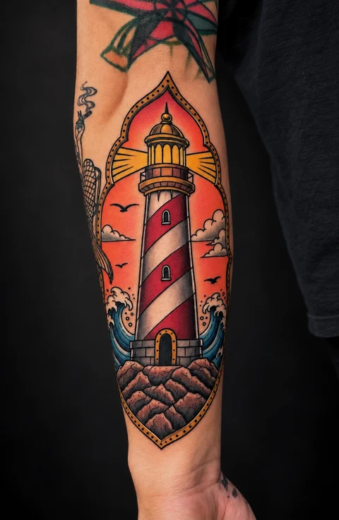 Red and white lighthouse with waves and a sunset on a forearm