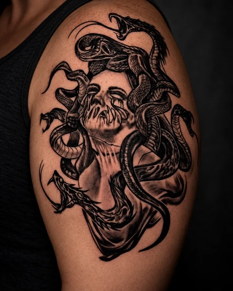 Blackwork Medusa tattoo on a shoulder