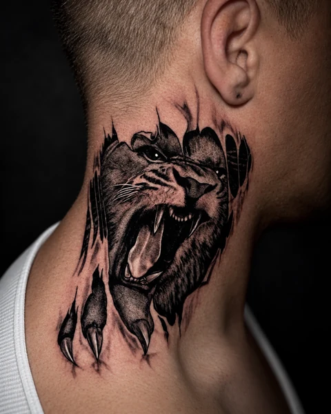 Roaring lion tattoo on the side of a neck