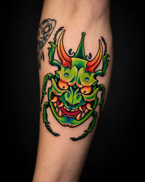 Green and orange oni mask tattoo on a calf