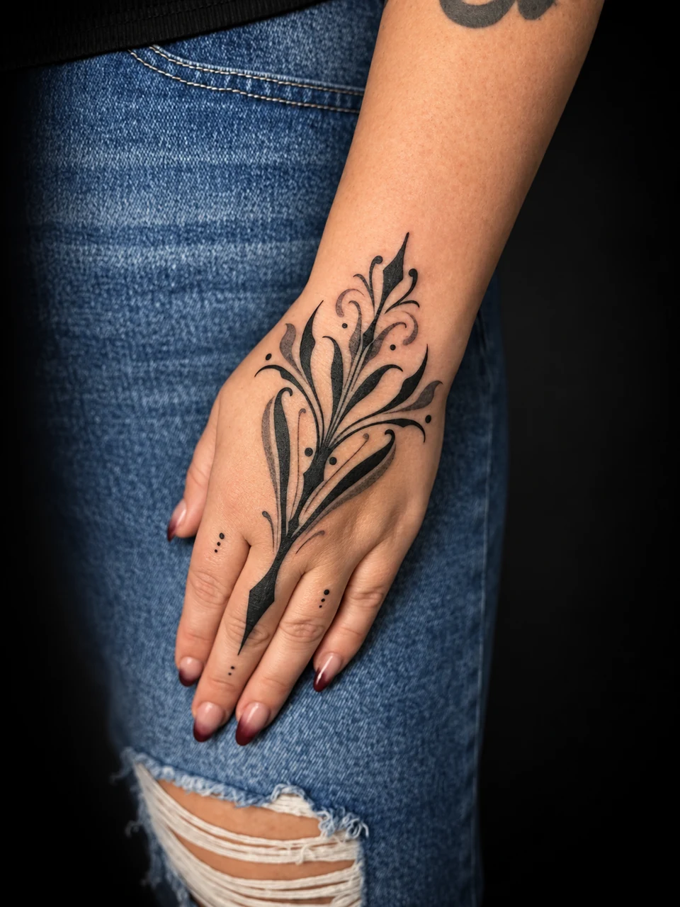 Ornamental blackwork flowing across a hand and wrist