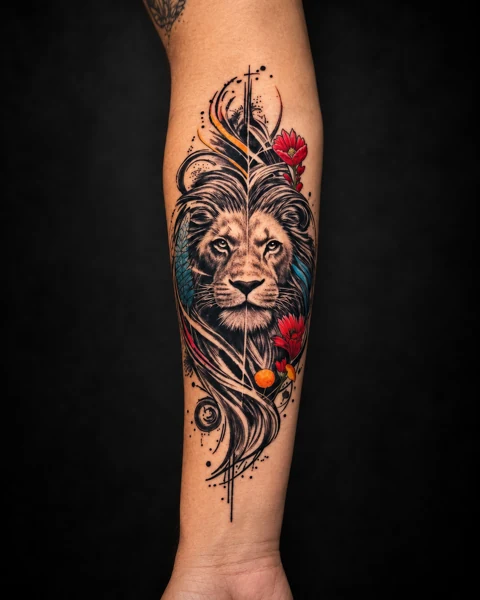 Lion and ornamental floral forearm tattoo