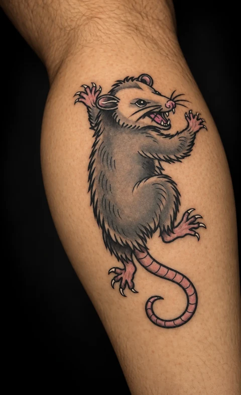 Illustrated rat tattoo on an upper arm