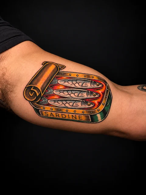 Colorful traditional sardine tin tattoo on an arm