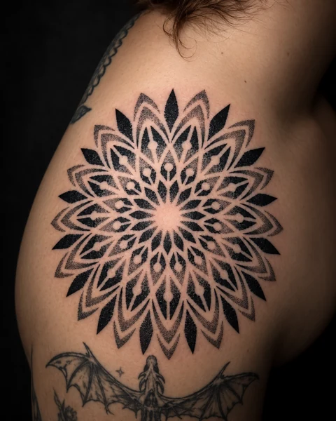 Geometric mandala tattoo on a shoulder