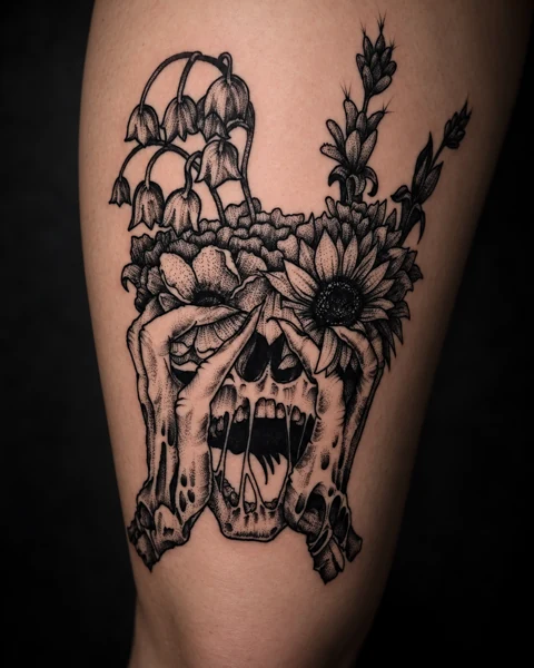 Skull and flowers tattoo on a thigh
