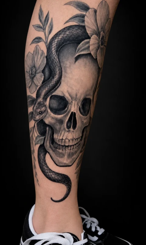 Black and gray skull and snake calf tattoo, side angle