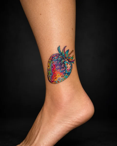 Multicolored strawberry tattoo above an ankle