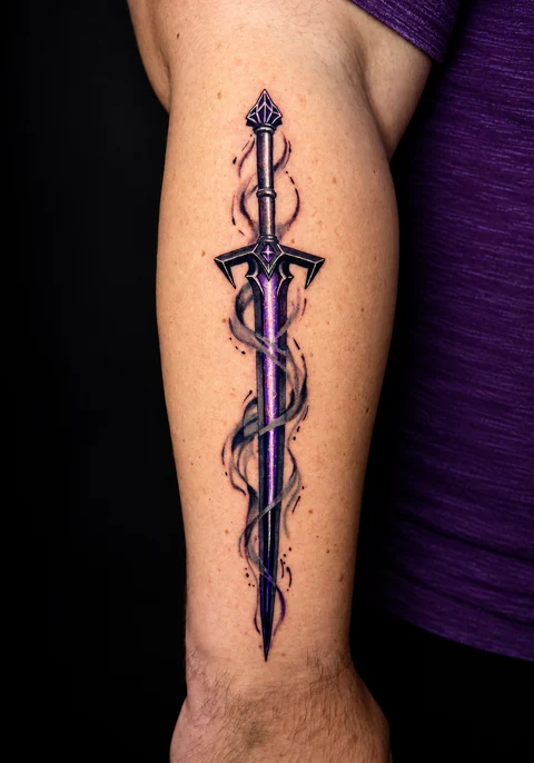 Purple sword and smoke tattoo on an arm