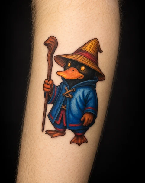 Color tattoo of a wizard duck wearing a hat and blue coat